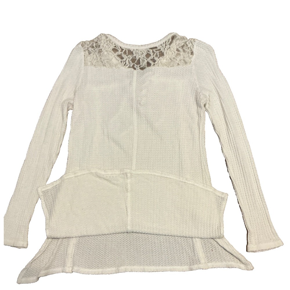American Rag Crochet-Trim Lace-Up Waffle-Knit Top in Pale Cream, Size Small - Picture 2 of 6